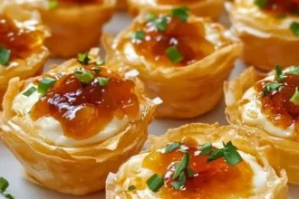 Delicious pepper jelly and cream cheese bites on a serving platter.