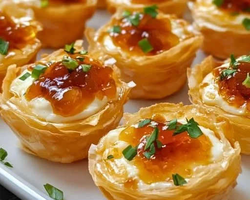 Delicious pepper jelly and cream cheese bites on a serving platter.