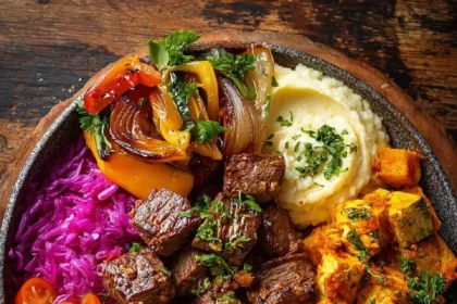 A vibrant meal featuring diverse colors and ingredients on a beautifully arranged plate.