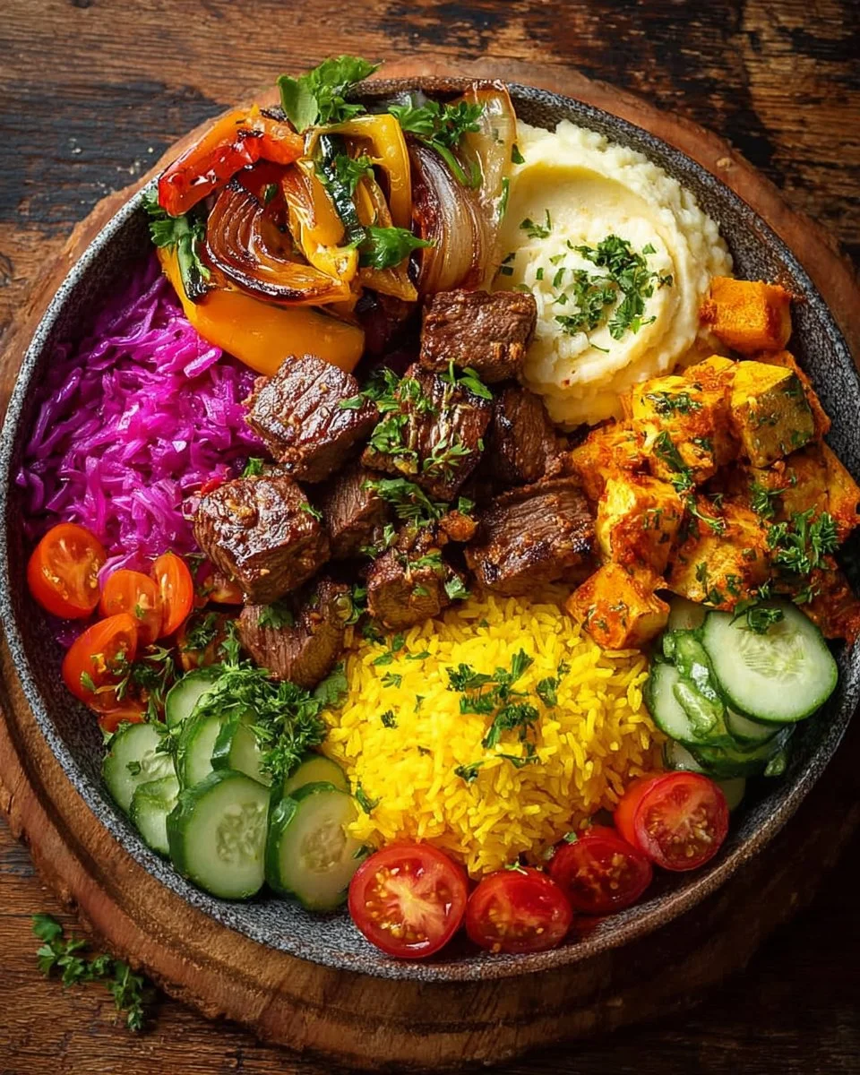 A vibrant meal featuring diverse colors and ingredients on a beautifully arranged plate.