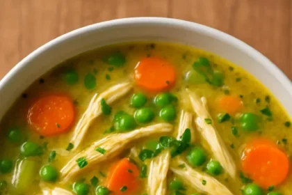 Bowl of anti-inflammatory creamy chicken soup garnished with herbs.