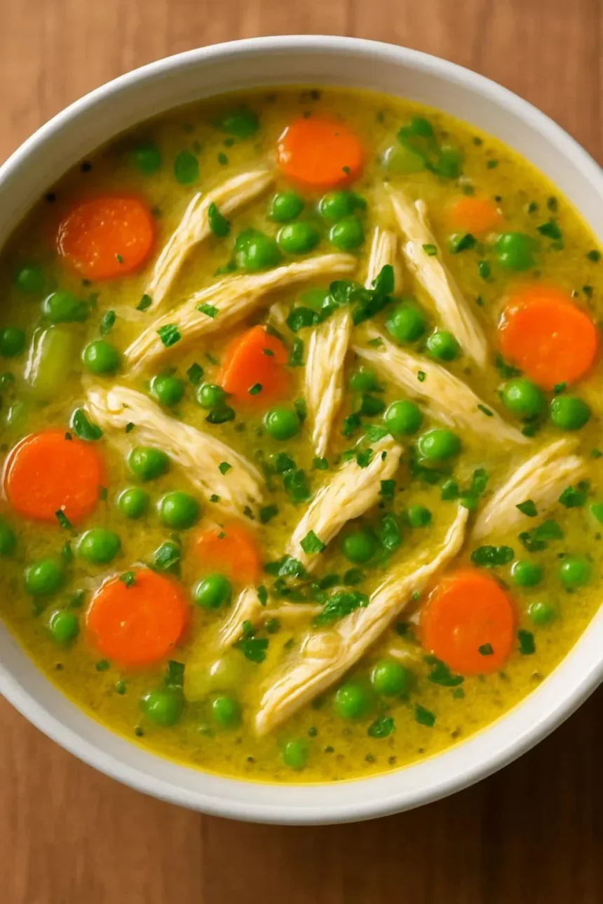 Bowl of anti-inflammatory creamy chicken soup garnished with herbs.