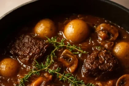 Delicious apple cider braised beef with mushrooms, baby potatoes, and pearl onions.