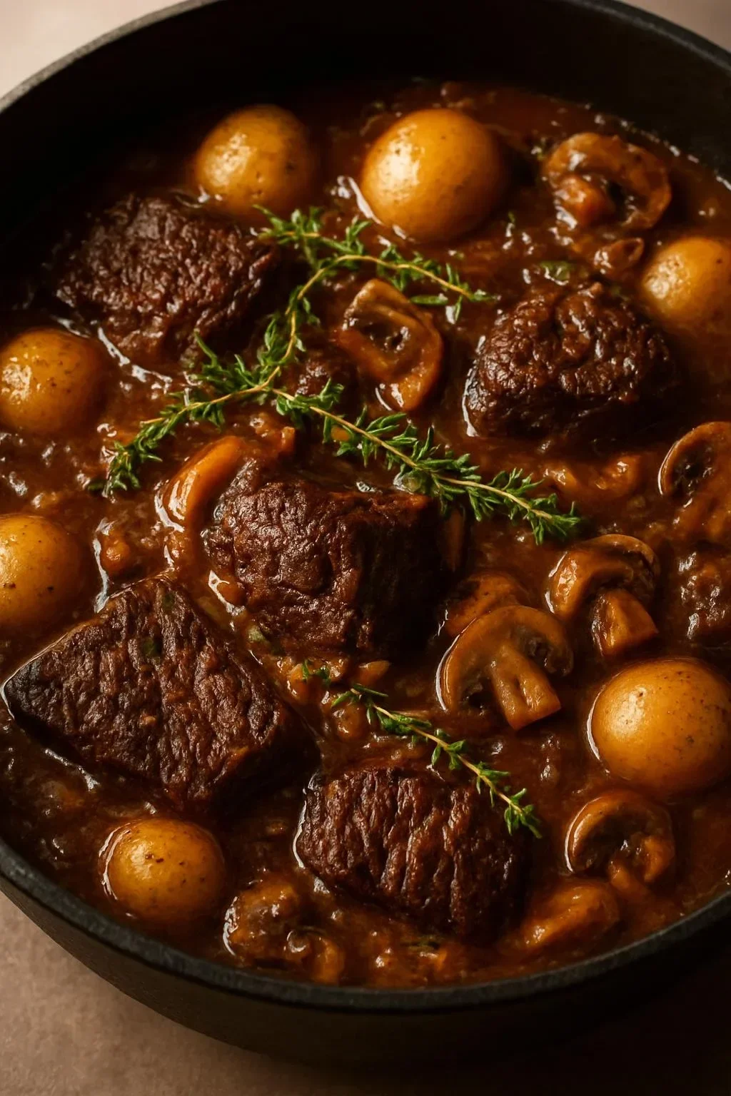 Delicious apple cider braised beef with mushrooms, baby potatoes, and pearl onions.