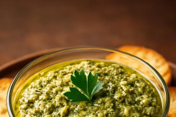 Bowl of Artichoke Lemon Pesto with fresh ingredients on a wooden table.