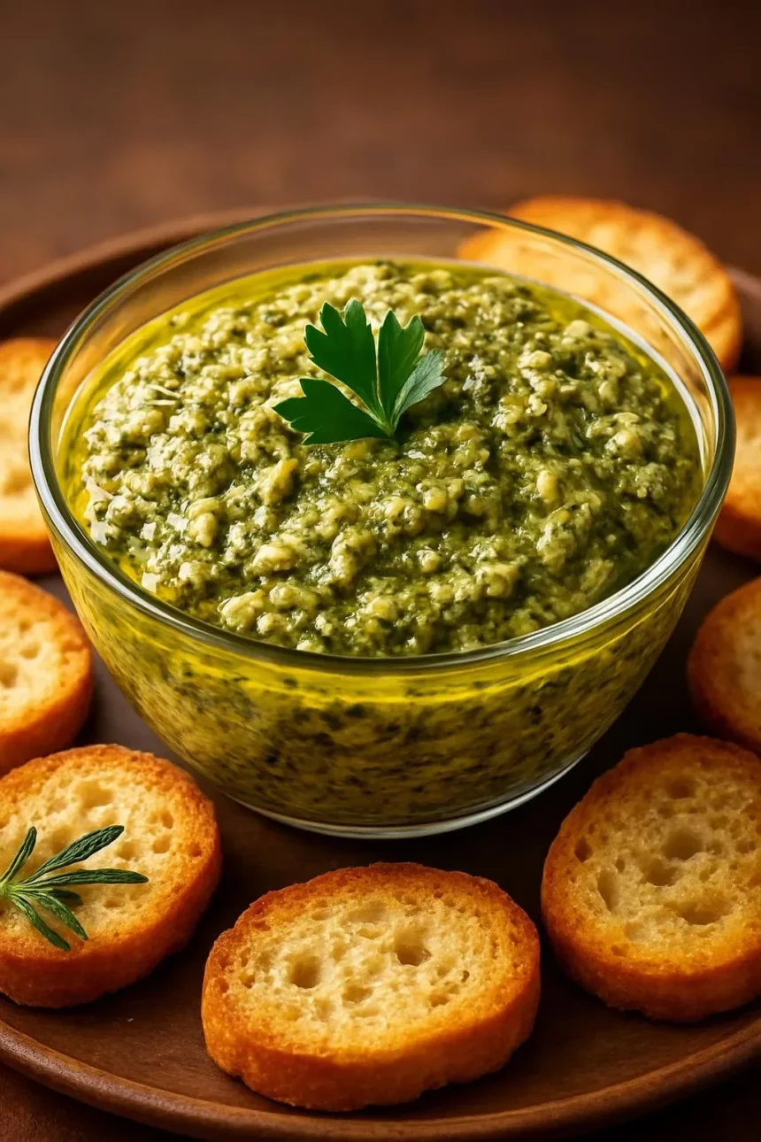 Bowl of Artichoke Lemon Pesto with fresh ingredients on a wooden table.