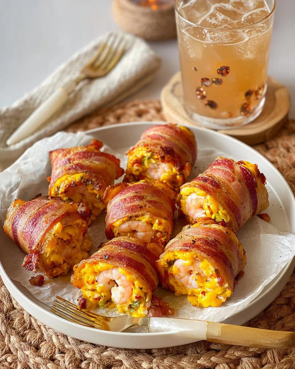 Delicious Bacon-Wrapped Shrimp Rolls topped with melted cheese on a plate.