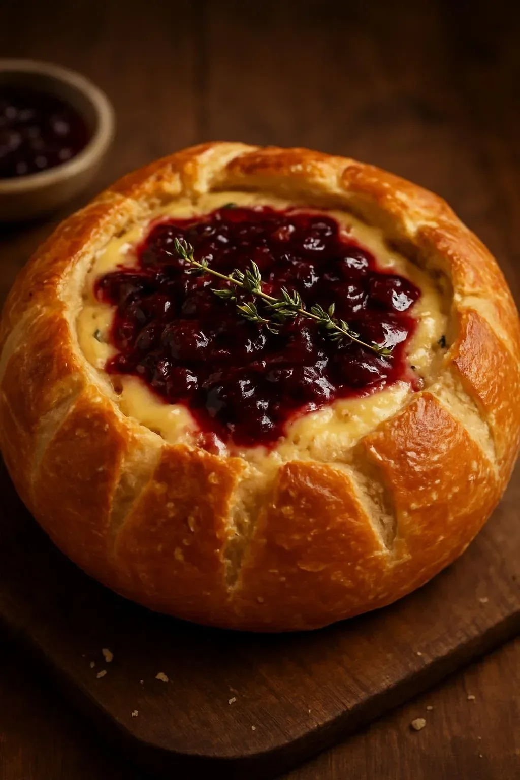 Baked brie in a bread bowl with cranberry sauce and thyme garnish.