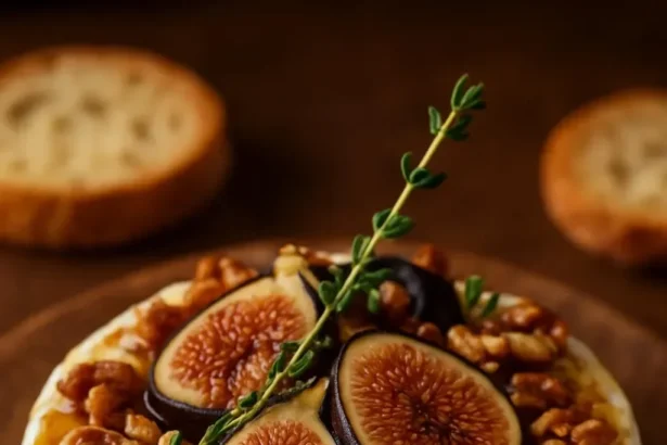 Warm Baked Brie topped with figs, honey, and pecans on a rustic platter
