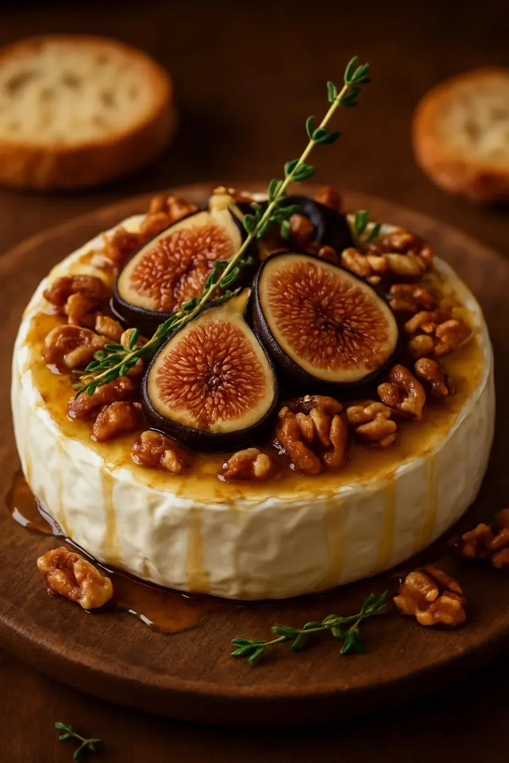 Warm Baked Brie topped with figs, honey, and pecans on a rustic platter