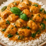 Basil Chicken in Coconut Curry Sauce served in a bowl with garnishes