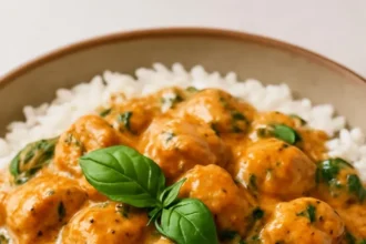 Basil Chicken in Coconut Curry Sauce served in a bowl with garnishes