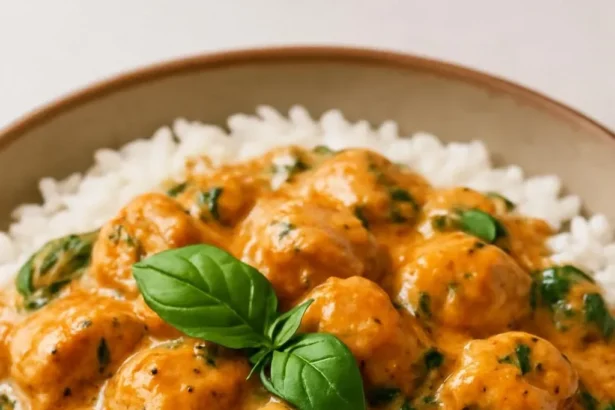 Basil Chicken in Coconut Curry Sauce served in a bowl with garnishes