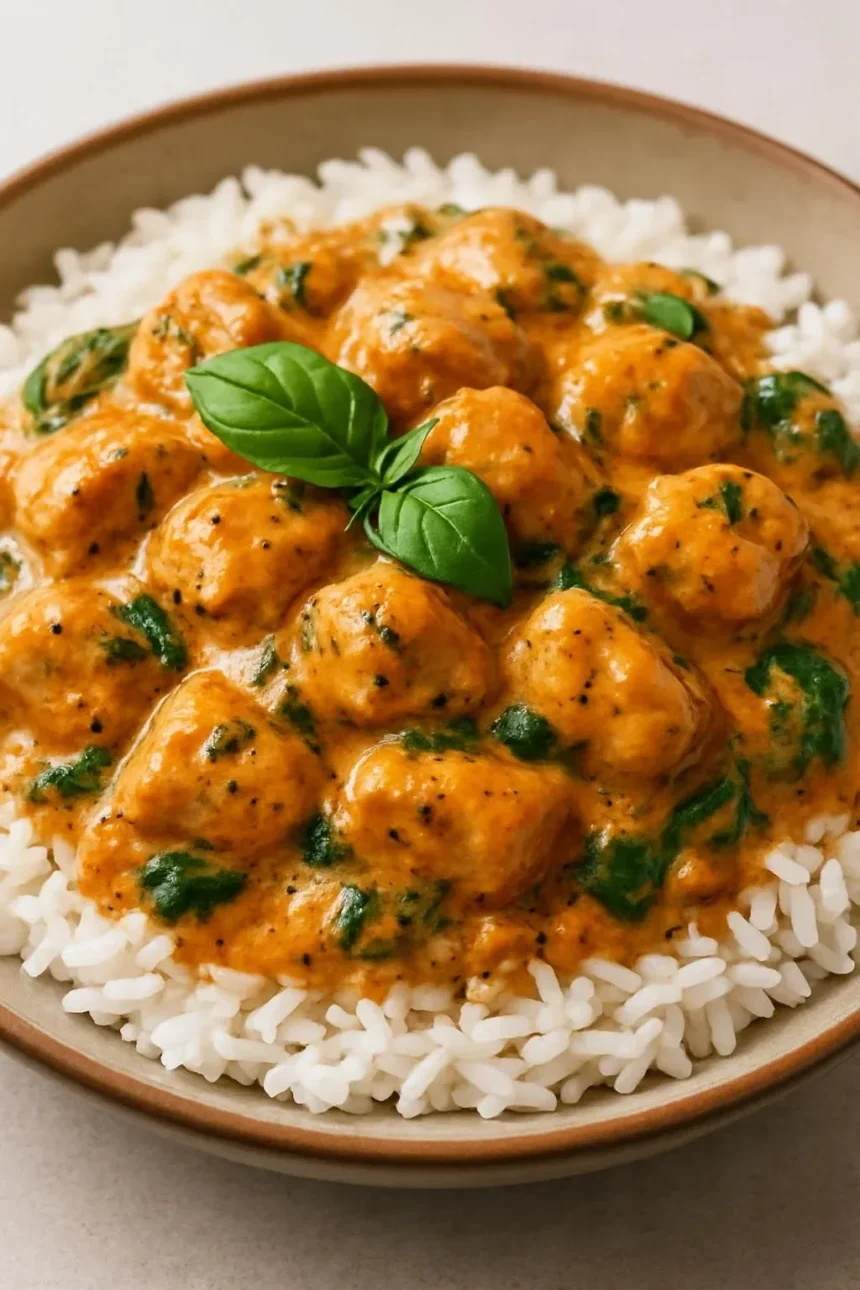 Basil Chicken in Coconut Curry Sauce served in a bowl with garnishes
