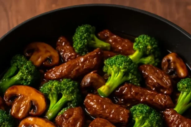 Beef stir-fry with broccoli and mushrooms in garlic ginger sauce on a plate.