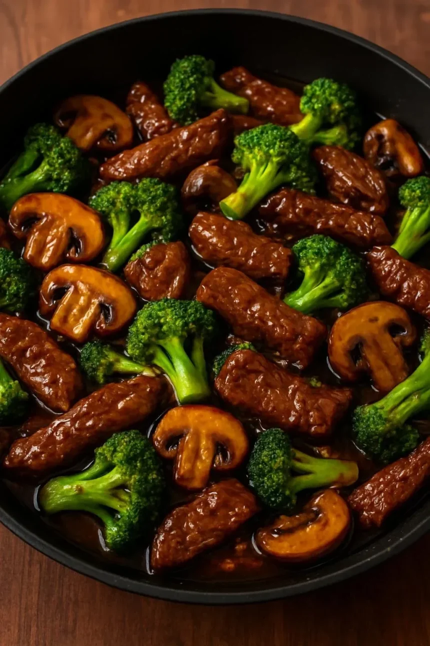 Beef stir-fry with broccoli and mushrooms in garlic ginger sauce on a plate.