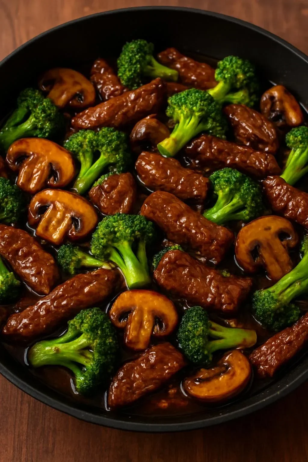 Beef stir-fry with broccoli and mushrooms in garlic ginger sauce on a plate.