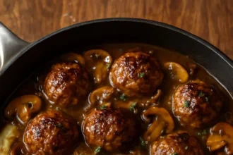 Beef meatballs with onion mushroom gravy served over mashed potatoes.