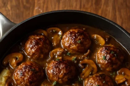 Beef meatballs with onion mushroom gravy served over mashed potatoes.