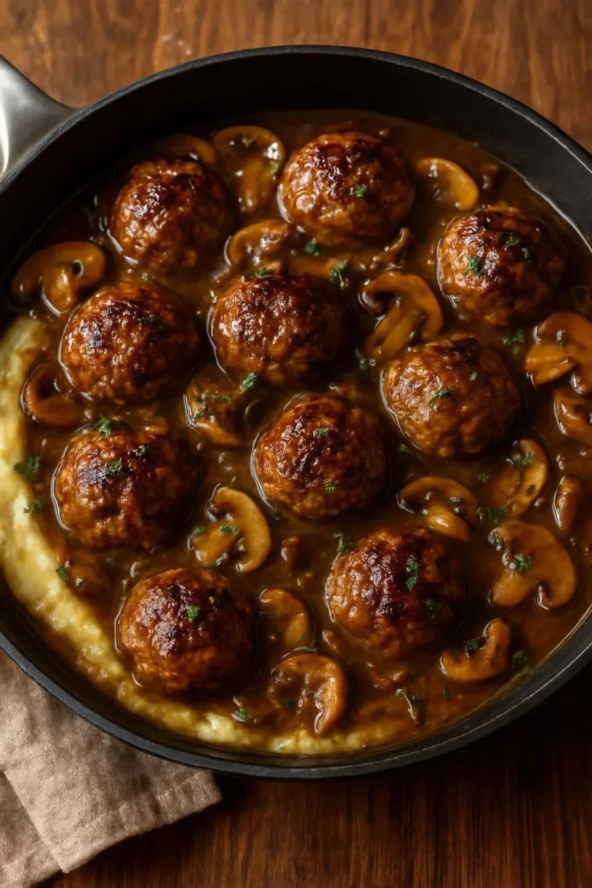 Beef meatballs with onion mushroom gravy served over mashed potatoes.