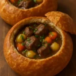 Delicious beef stew served in a fresh bread bowl, perfect for hearty meals.