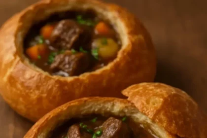 Delicious beef stew served in a fresh bread bowl, perfect for hearty meals.