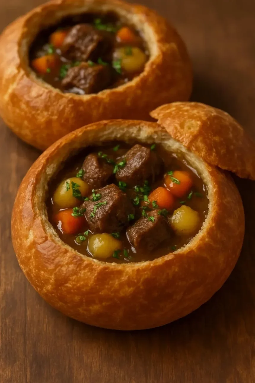Delicious beef stew served in a fresh bread bowl, perfect for hearty meals.