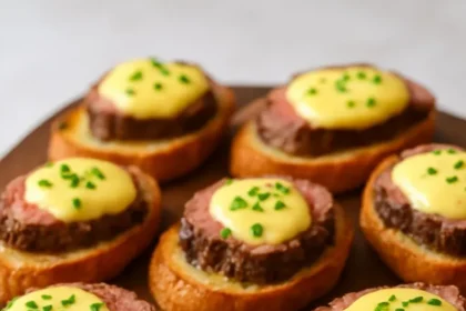 Beef tenderloin crostini topped with Béarnaise sauce on a platter