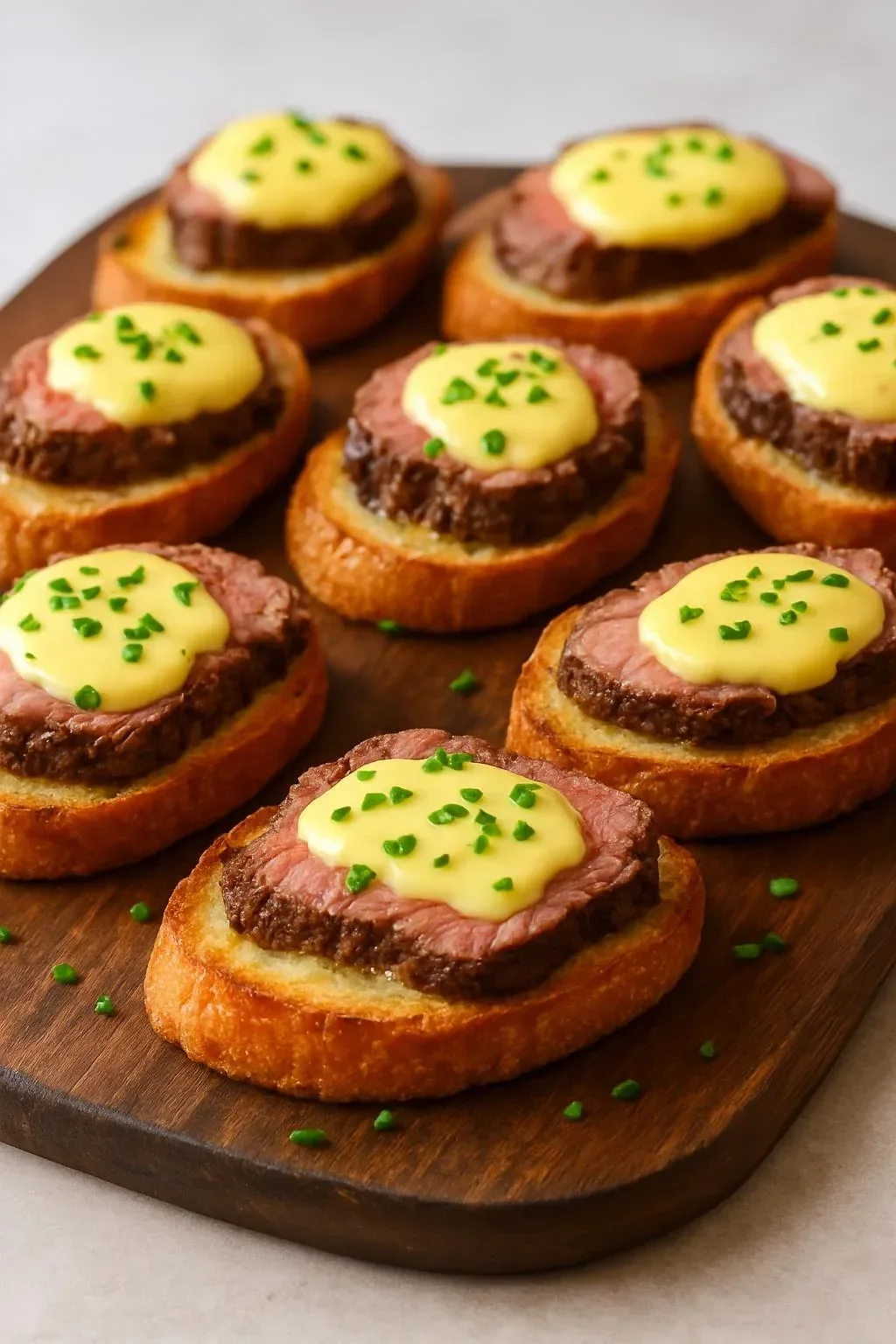 Beef tenderloin crostini topped with Béarnaise sauce on a platter