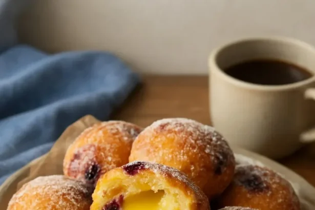 Blueberry cake donut holes with citrus glaze and lemon curd filling
