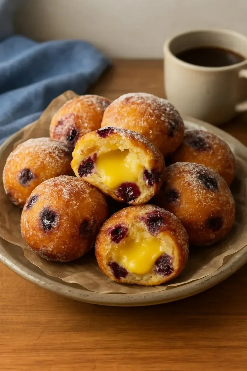 Blueberry cake donut holes with citrus glaze and lemon curd filling
