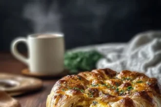 Delicious breakfast sausage egg braid on a plate, perfect for a hearty breakfast.