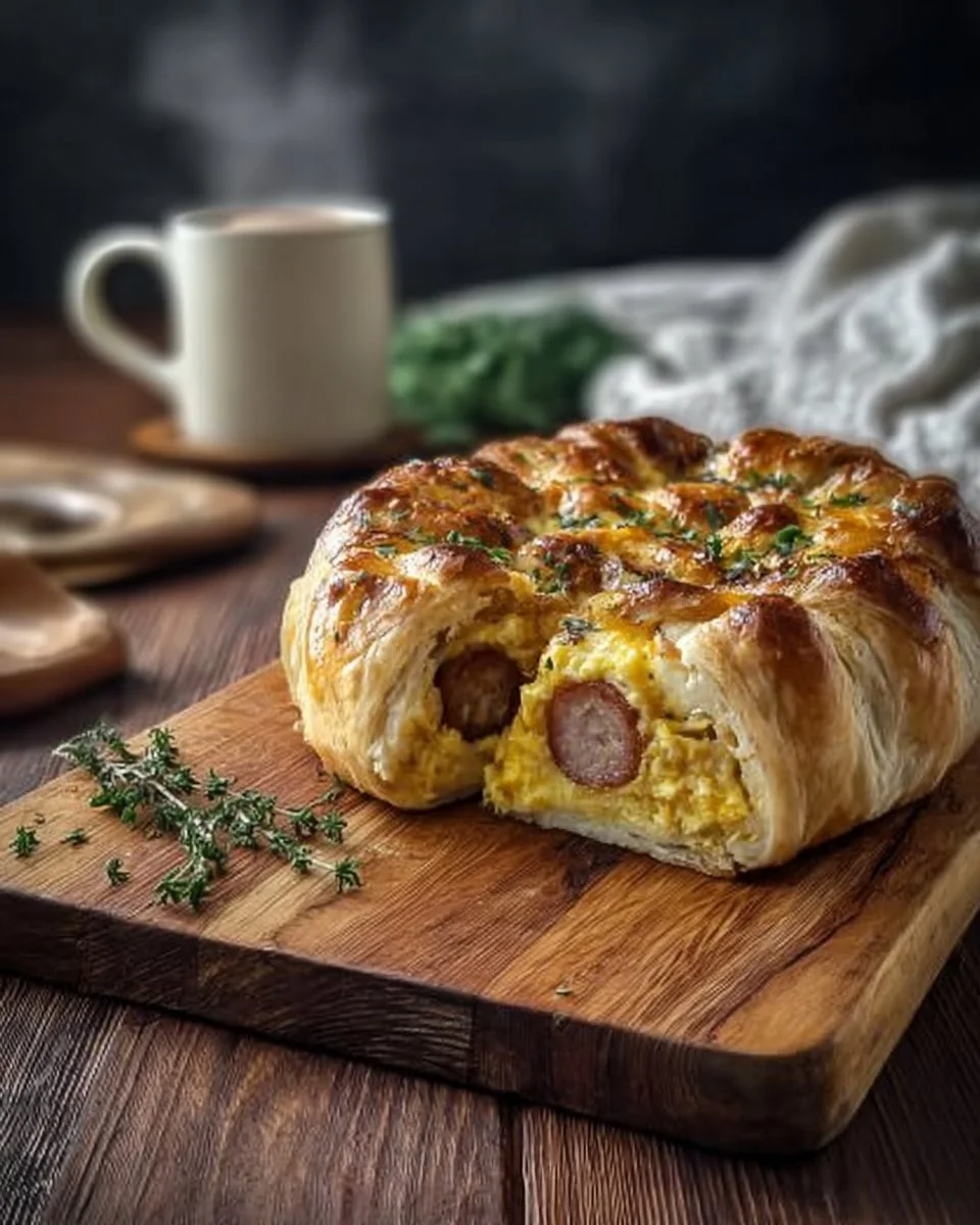 Delicious breakfast sausage egg braid on a plate, perfect for a hearty breakfast.