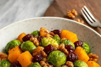 Roasted butternut squash and Brussels sprouts arranged on a plate.