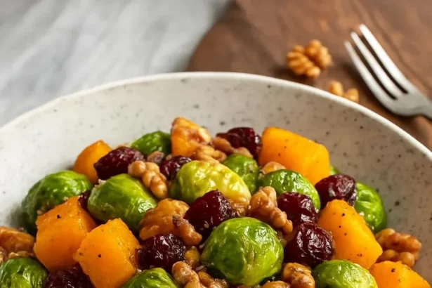 Roasted butternut squash and Brussels sprouts arranged on a plate.