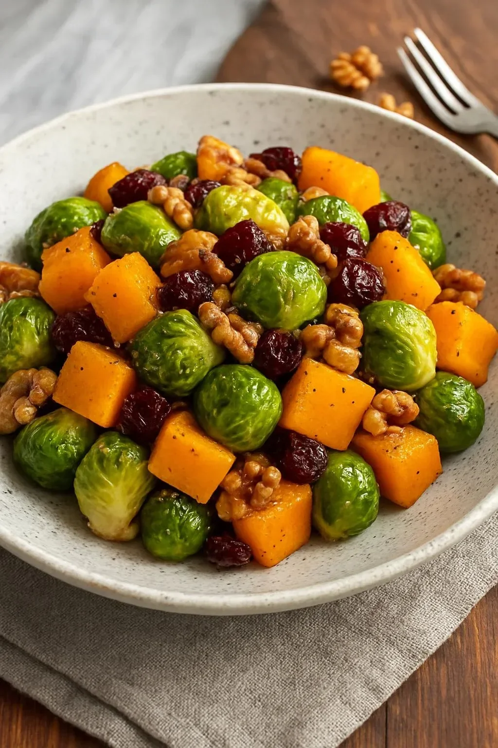 Roasted butternut squash and Brussels sprouts arranged on a plate.