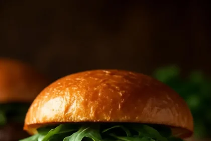 Caramelized onion and garlic burger topped with creamy herb sauce.