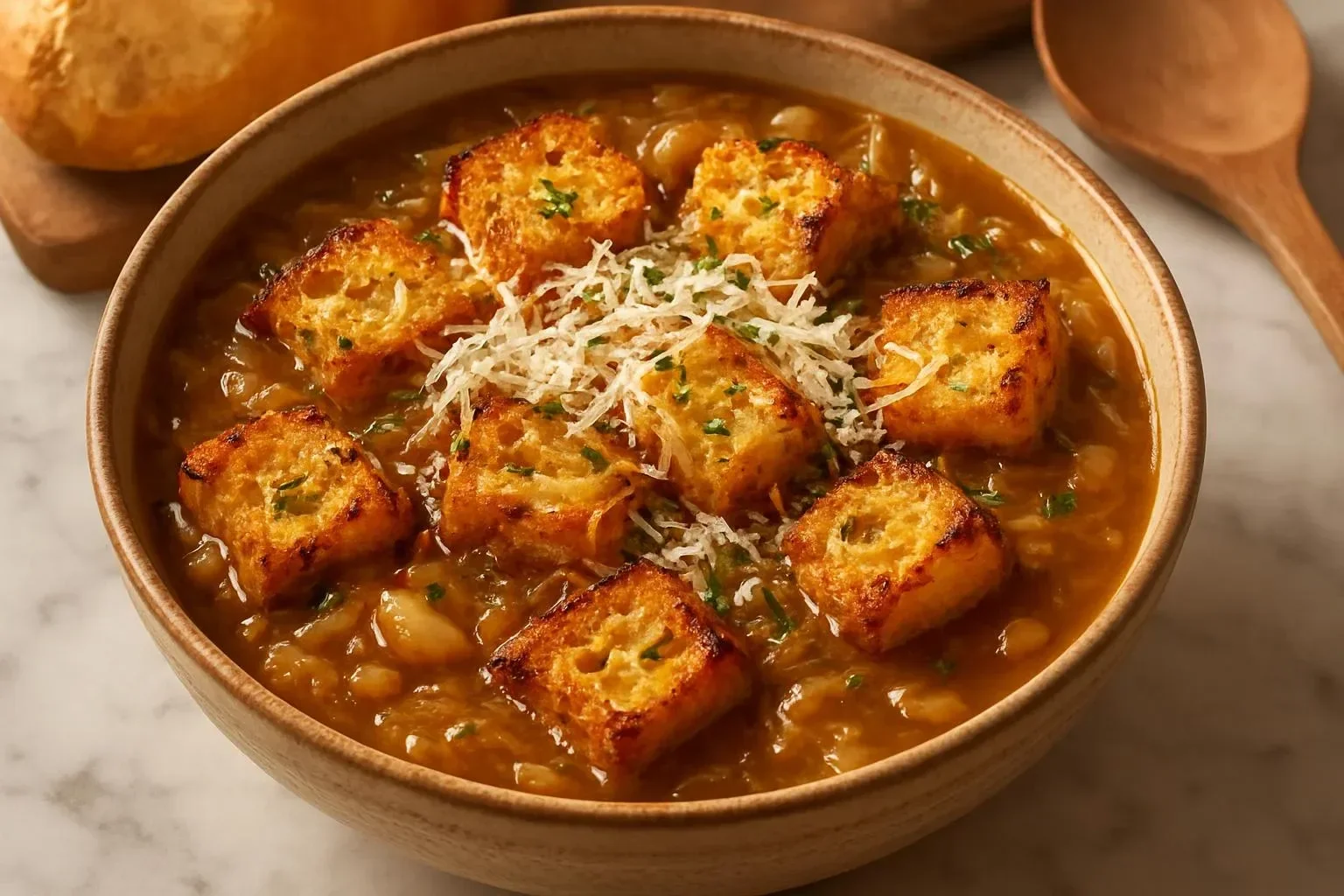 Delicious caramelized onion, white bean and chicken soup in a bowl