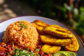 Delicious Caribbean Bean Stew served with tomato rice, plantain, and avocado.