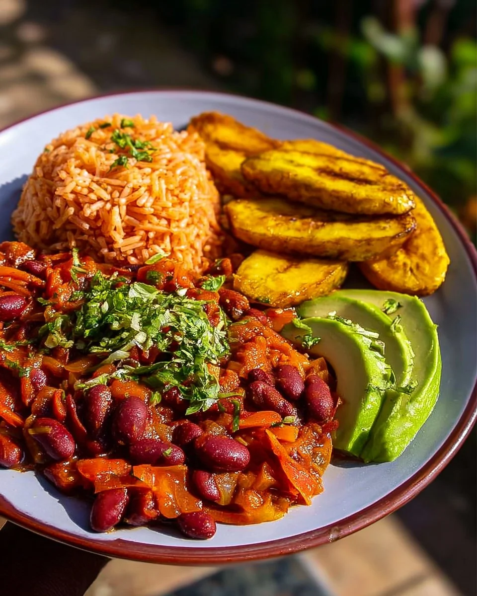 Delicious Caribbean Bean Stew served with tomato rice, plantain, and avocado.