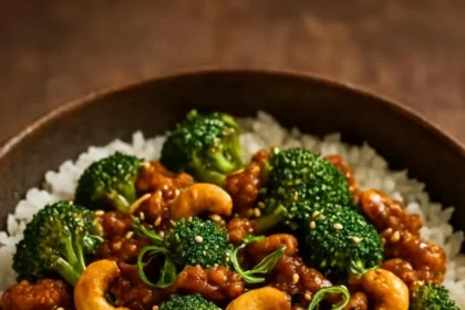 Plate of cashew chicken with mushrooms, broccoli, and citrus ginger sauce