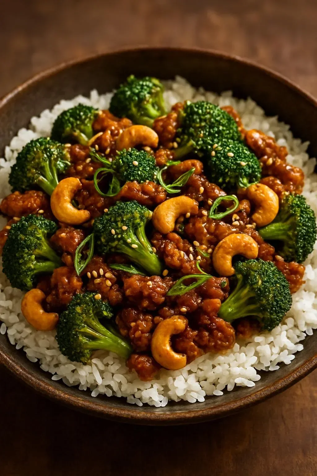 Plate of cashew chicken with mushrooms, broccoli, and citrus ginger sauce