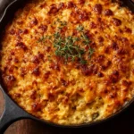 Cheesy caramelized onion and bacon potato gratin served in a baking dish