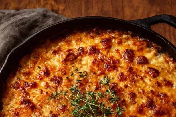 Cheesy caramelized onion and bacon potato gratin served in a baking dish