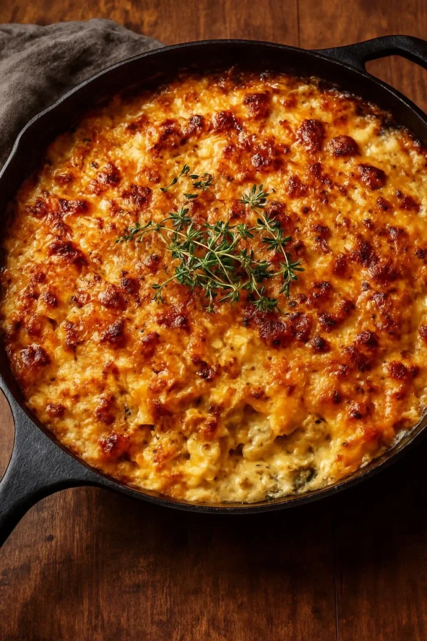 Cheesy caramelized onion and bacon potato gratin served in a baking dish