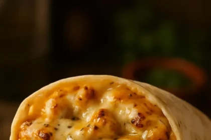 Cheesy garlic chicken wraps with fresh ingredients wrapped in a tortilla