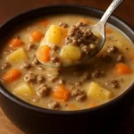 Bowl of cheesy hamburger potato soup garnished with herbs