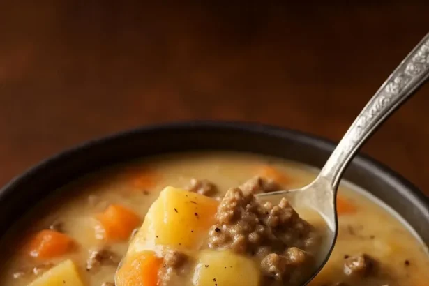Bowl of cheesy hamburger potato soup garnished with herbs