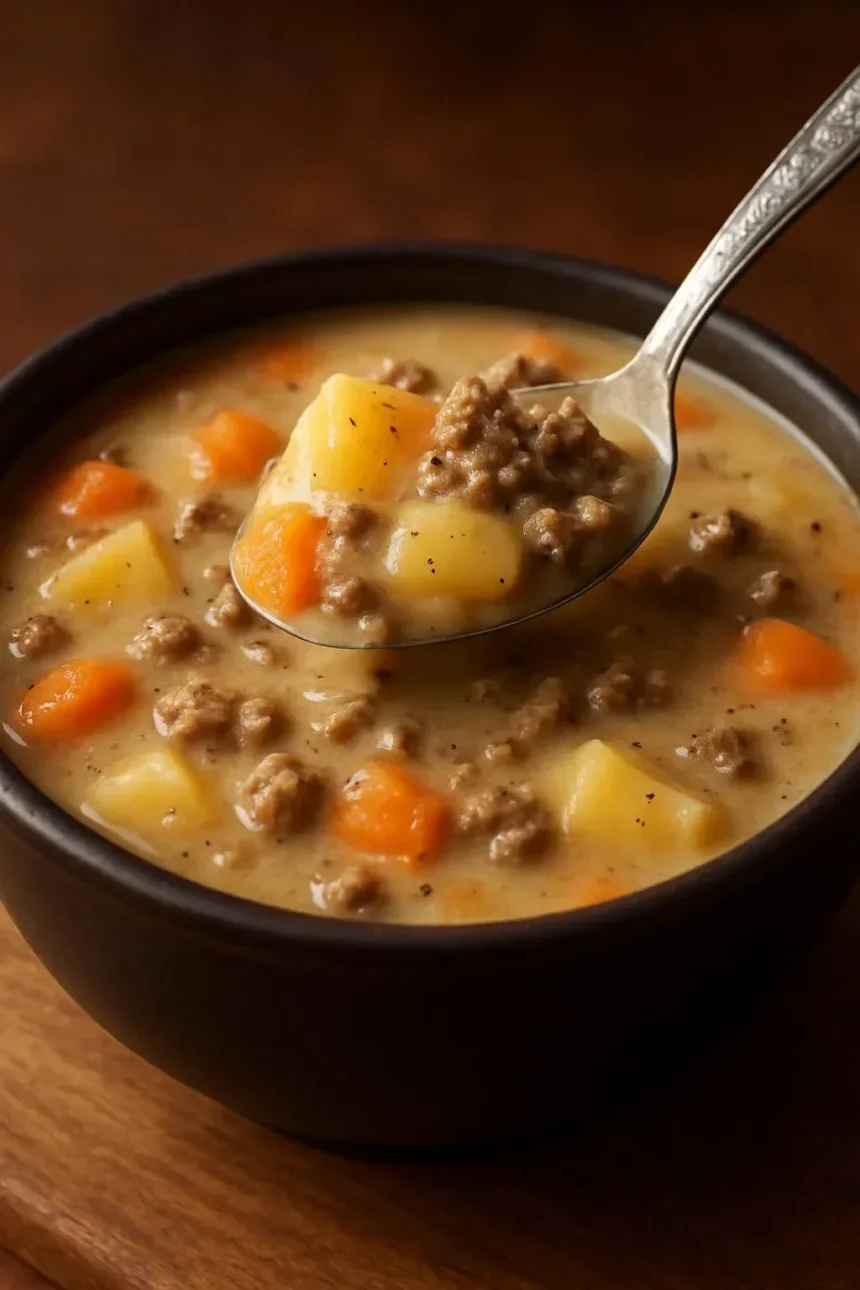 Bowl of cheesy hamburger potato soup garnished with herbs