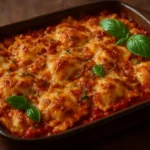 Delicious cheesy ravioli bake topped with melted cheese and herbs